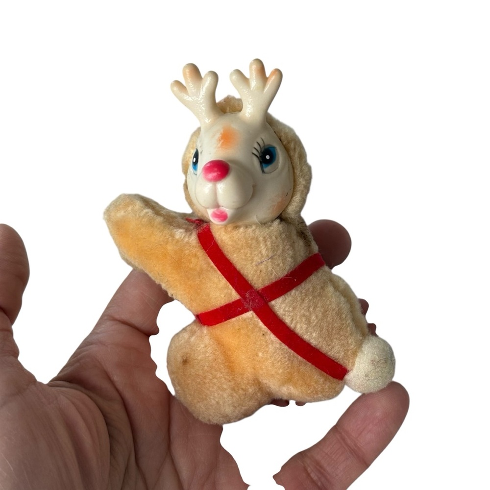 Vintage Christmas Reindeer‎ Plush Rubber Face Tan Red Harness MCM Toy 4 Inch